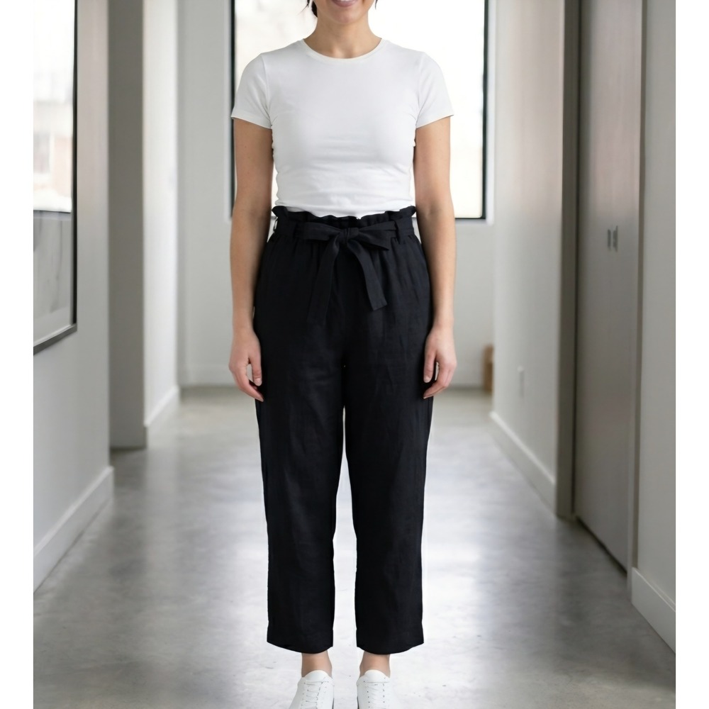 HM Black Paperbag Waist Tie Front High Rise Ankle Pants Womens Size 6 Comfy